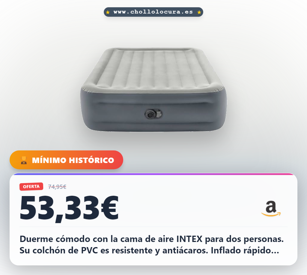 Aprovecha esta cama de aire hinchable INTEX para dos personas con colchón de PVC antiácaros y inflado eléctrico