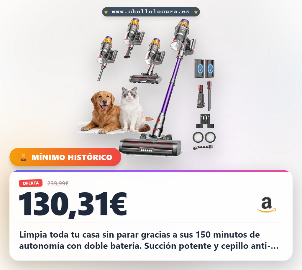 Aprovecha la aspiradora DyMona V17Max sin cable con doble batería y 150 min de autonomía. Succión potente 58kPa y cepillo anti-enredos.