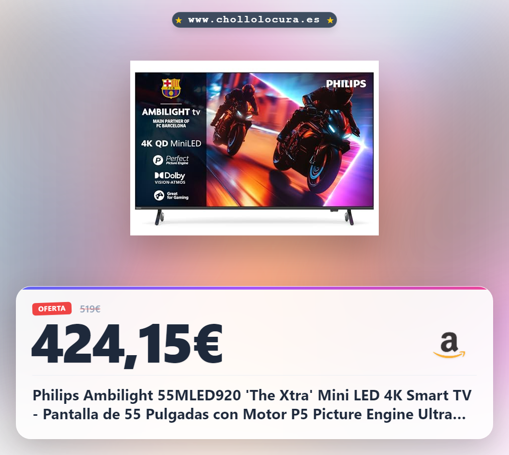 Philips Ambilight 55MLED920 'The Xtra' Mini LED 4K Smart TV - Pantalla de 55 Pulgadas con Motor P5 Picture Engine Ultra HD, Titan OS, Dolby Vision y Sonido Dolby Atmos