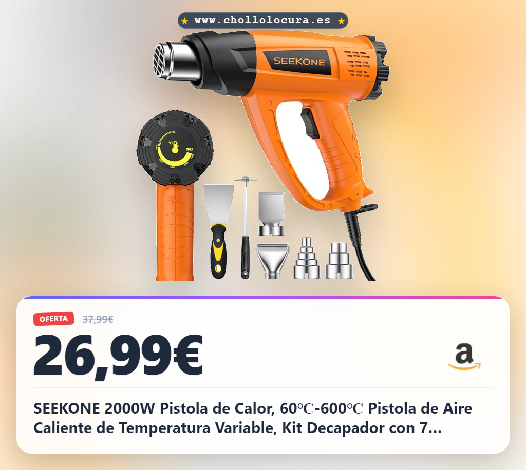 SEEKONE 2000W Pistola de Calor, 60℃-600℃ Pistola de Aire Caliente de Temperatura Variable, Kit Decapador con 7 Accesorios, Núcleo de Cerámica para Soldar, Quitar Pintura y Calentar