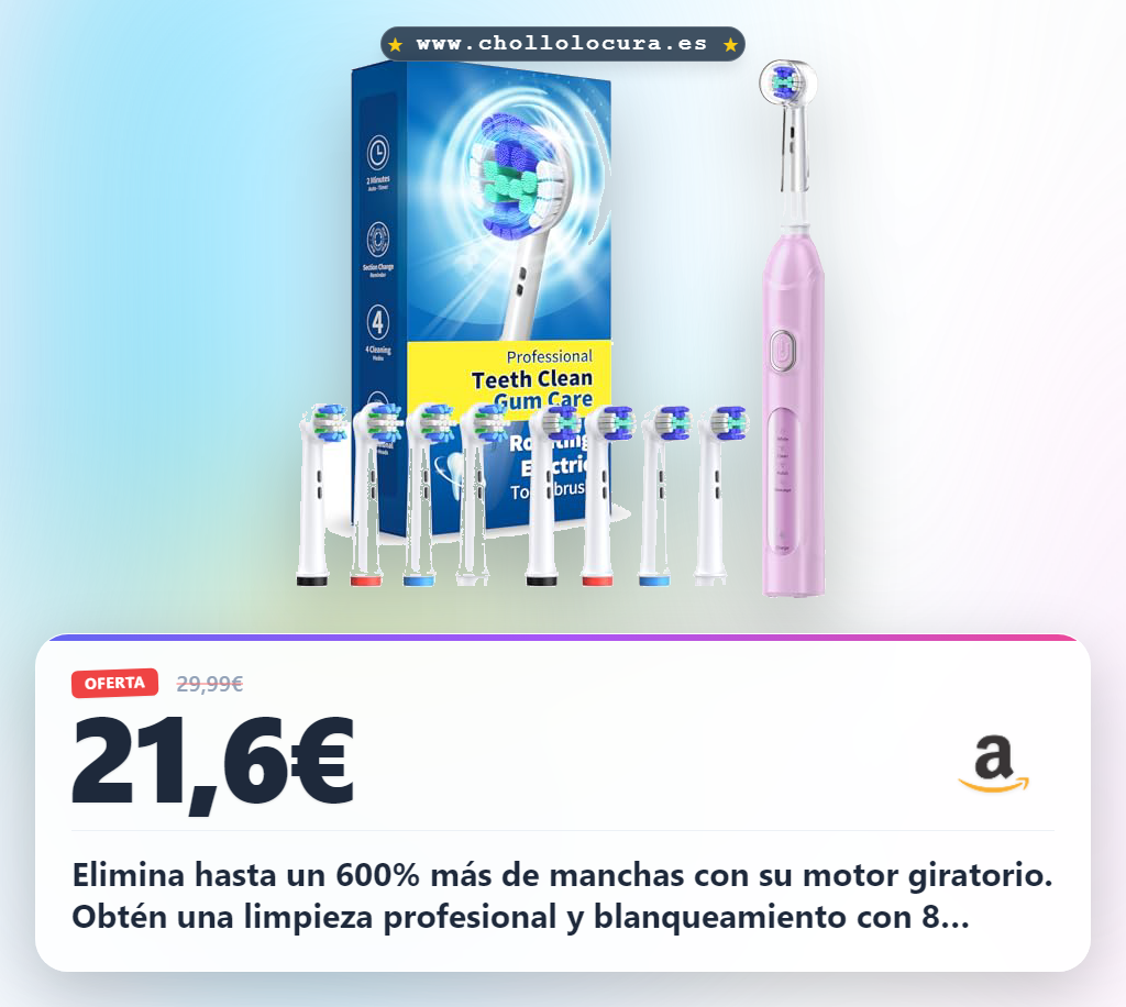 Aprovecha el cepillo eléctrico giratorio TEETHEORY con 8 cabezales para una limpieza blanca al mejor precio