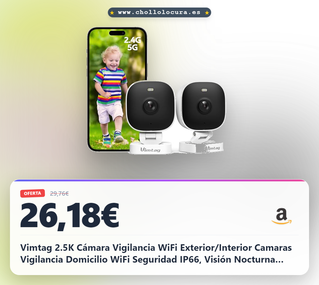 Vimtag 2.5K Cámara Vigilancia WiFi Exterior/Interior Camaras Vigilancia Domicilio WiFi Seguridad IP66, Visión Nocturna Color, Detección Humana, Sirena, 24/7 Grabación Continua, Compatible Alexa,2pcs
