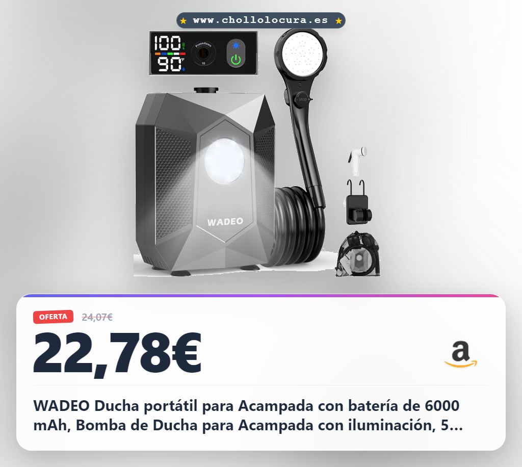 WADEO Ducha portátil para Acampada con batería de 6000 mAh, Bomba de Ducha para Acampada con iluminación, 5 Modos de presión, Set de Ducha para Acampada con lámpara para Senderismo, Viajes y Mascotas