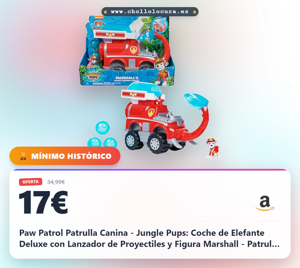 Paw Patrol Patrulla Canina - Jungle Pups: Coche de Elefante Deluxe con Lanzador de Proyectiles y Figura Marshall - Patrulla Canina Juguetes - Juguetes Niños 3 Años + - Regalo Niño 3 Años +