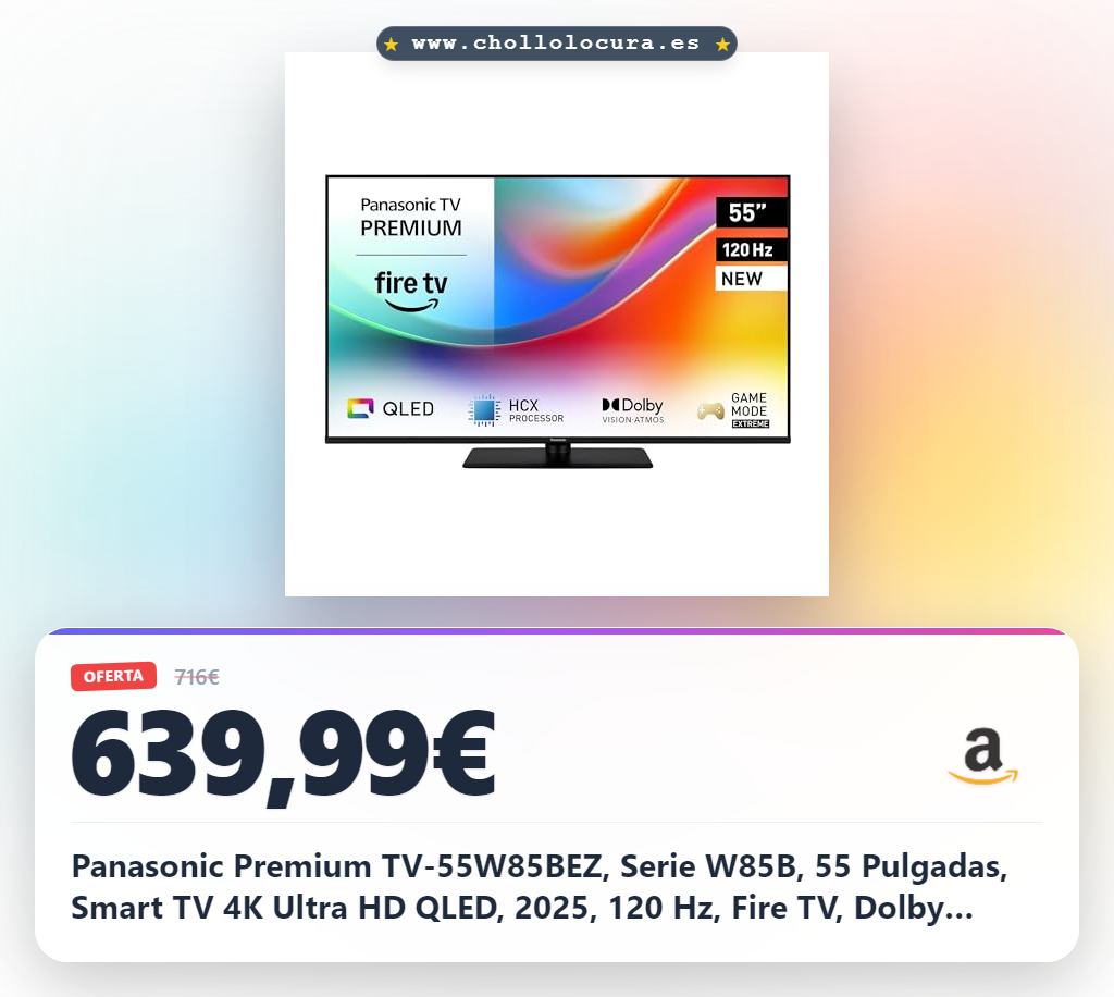 Panasonic Premium TV-55W85BEZ, Serie W85B, 55 Pulgadas, Smart TV 4K Ultra HD QLED, 2025, 120 Hz, Fire TV, Dolby Vision y Atmos, Modo Juego Extremo, Control De Voz Alexa, AirPlay, Bluetooth, Negro