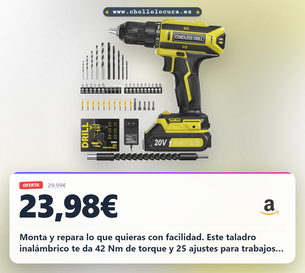 Aprovecha este taladro atornillador inalámbrico 20V con kit de 56 piezas y 25+1 ajustes de torque al mejor precio
