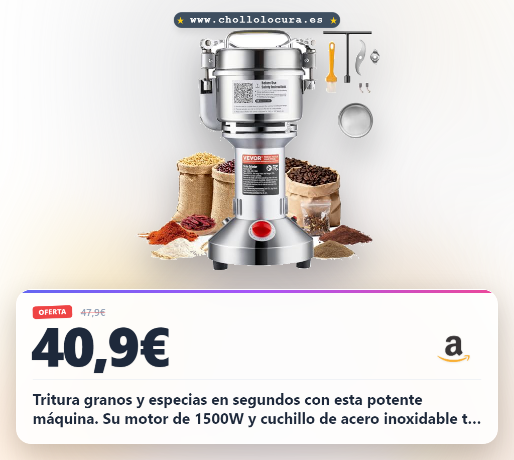 Aprovecha el molinillo de granos VEVOR de 1500W para especias y café. Capacidad 300g.