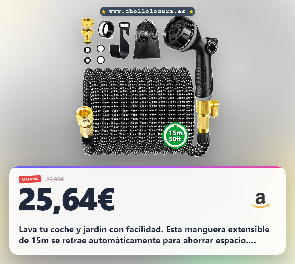 Aprovecha la manguera extensible de 15m con 10 patrones para riego y lavado al mejor precio