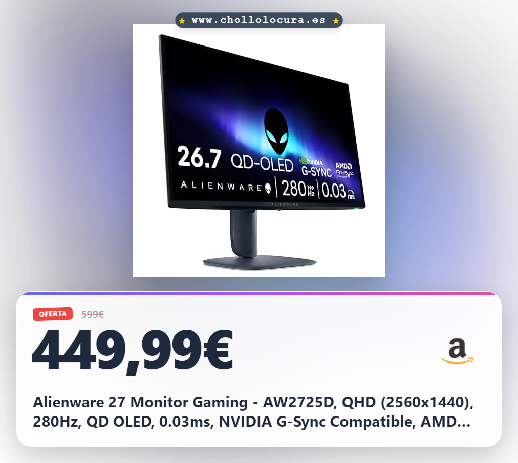 Alienware 27 Monitor Gaming - AW2725D, QHD (2560x1440), 280Hz, QD OLED, 0.03ms, NVIDIA G-Sync Compatible, AMD FreeSync Premium Pro, HDR True Black 400, USB-C, DisplayPort, 2 HDMI, 3 Años de Garantía