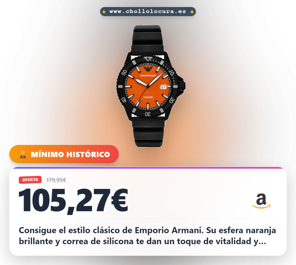 Consigue el elegante reloj Emporio Armani de 42mm con esfera naranja y correa de silicona al mejor precio.