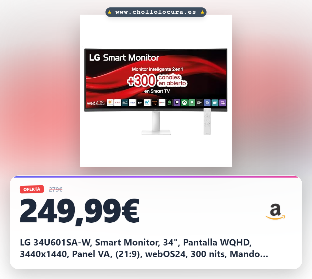 LG 34U601SA-W, Smart Monitor, 34", Pantalla WQHD, 3440x1440, Panel VA, (21:9), webOS24, 300 nits, Mando Incluido, Inclinación, Blanco