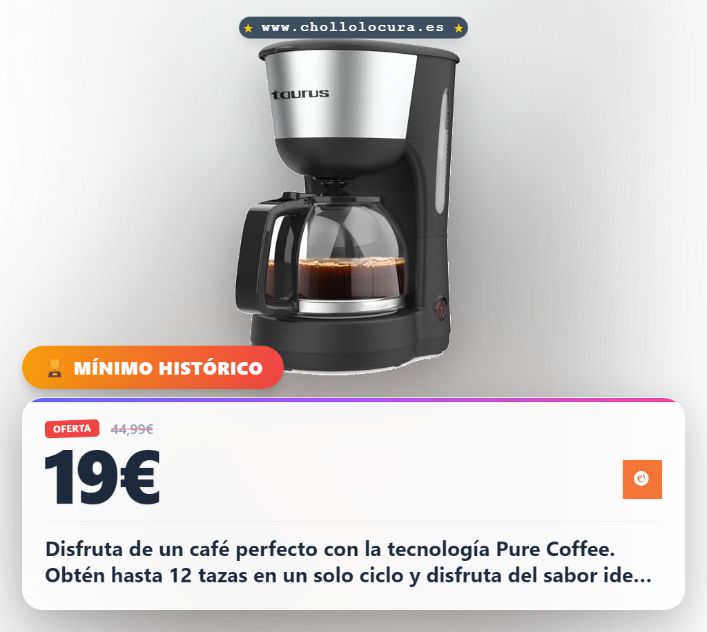 Aprovecha esta cafetera de goteo Taurus 1000W con Pure Coffee Technology y 12 tazas al mejor precio