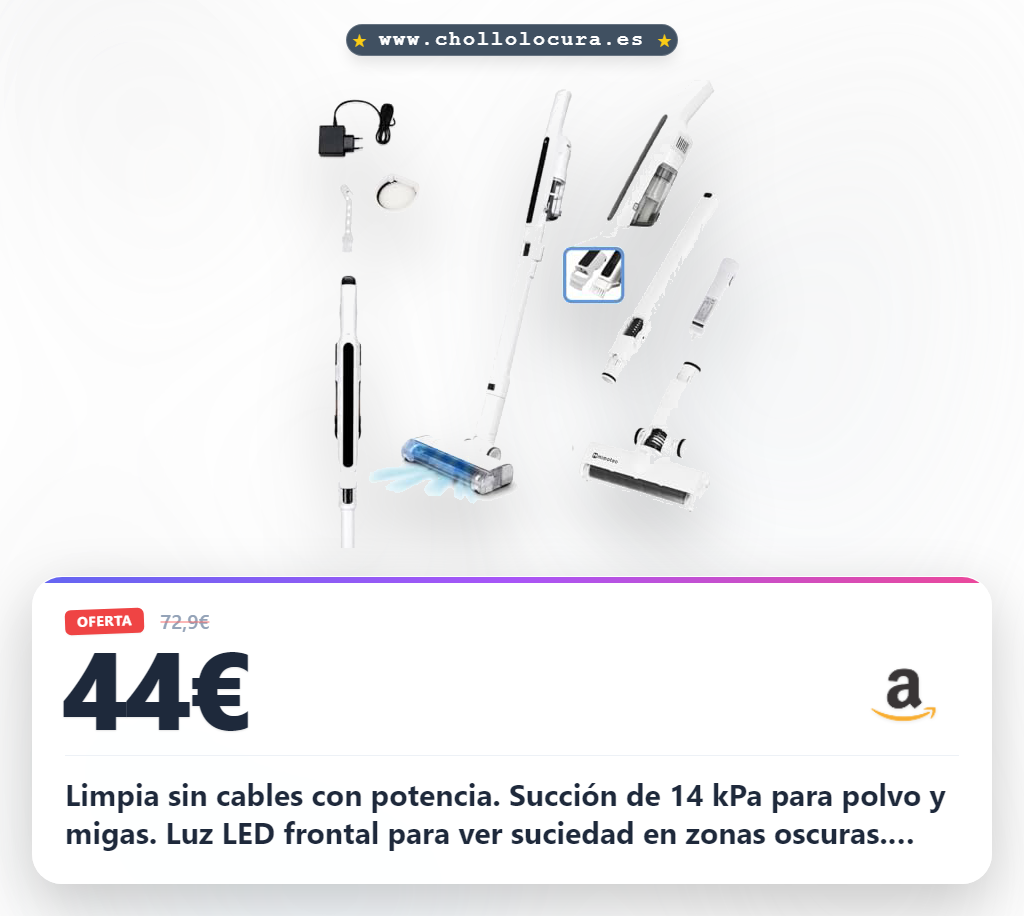M mimotec - Aspiradora Vertical Twist Inalámbrica 11,1V (Litio), 120W, Succión 14 kPa, Luz LED Frontal, Sin Bolsa, Depósito 0,4L, Autonomía hasta 20 min, Silenciosa <79 dB, Incluye Cargador y Filtro