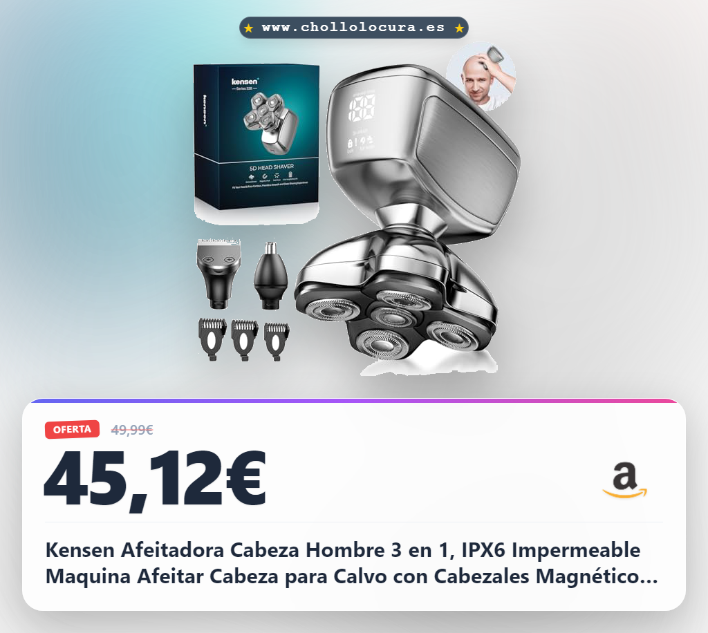 Kensen Afeitadora Cabeza Hombre 3 en 1, IPX6 Impermeable Maquina Afeitar Cabeza para Calvo con Cabezales Magnéticos 5D, Cortapelos y Nariz, Afeitado en Seco y Húmedo, Carga USB-C