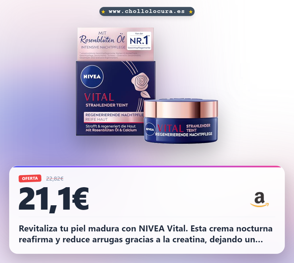 Revitaliza tu piel madura con NIVEA Vital. Esta crema nocturna reafirma y reduce arrugas gracias a la creatina, dejando un cutis firme y suave. Despierta con una piel radiante, fresca y sin arrugas, lista para lucir tu mejor versión.