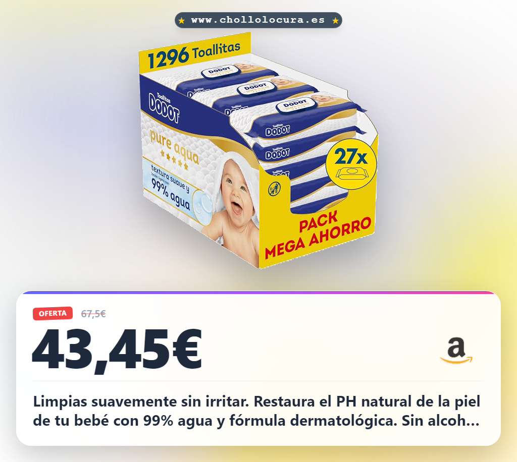 Dodot Toallitas Pure Aqua Para Bebé, 1296 Toallitas (9 Packs de 48 Unidades, Paquete de 3), Ayuda A Restaurar El PH Natural De La Piel, 99% Agua, Sin plástico