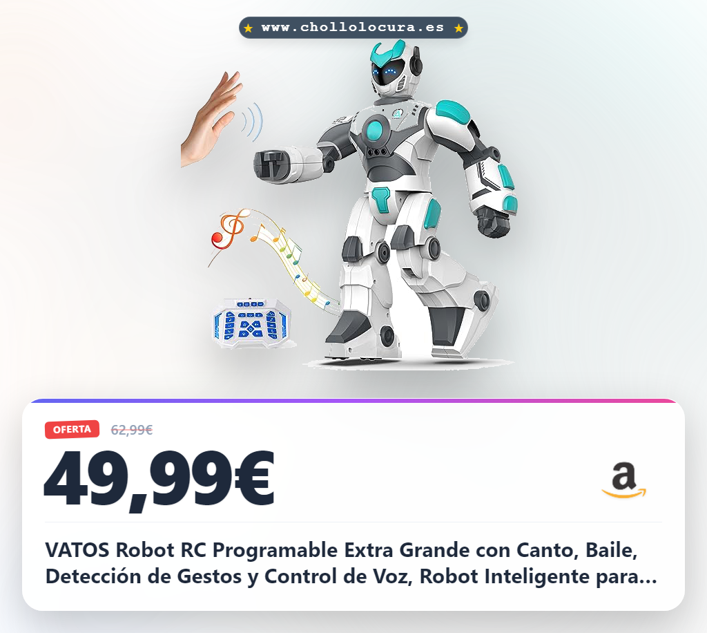 ¡Consigue el robot gigante VATOS! Es RC, programable y responde a tu voz y gestos. Fomenta la creatividad de tu hijo con 30 comandos. ¡Un chollo que no te puedes perder!