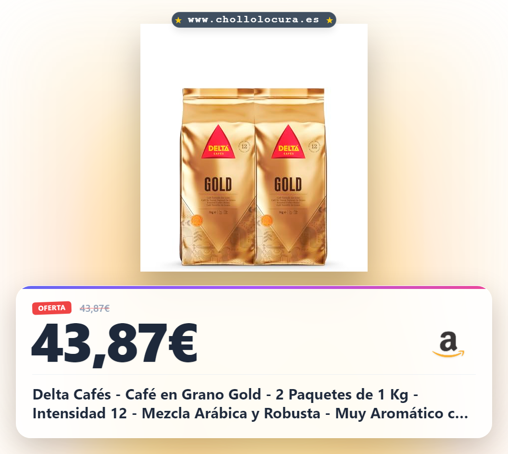 Delta Cafés - Café en Grano Gold - 2 Paquetes de 1 Kg - Intensidad 12 - Mezcla Arábica y Robusta - Muy Aromático con Notas de Cereales Tostados y Palomitas Dulces