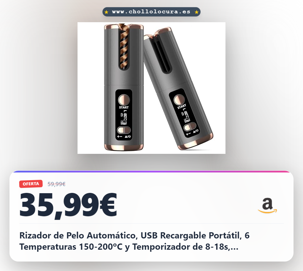Rizador de Pelo Automático, USB Recargable Portátil, 6 Temperaturas 150-200ºC y Temporizador de 8-18s, Revestimiento de Cerámica Turmalina, Pantalla LED Recordatorio Inteligente, Apagado Automático