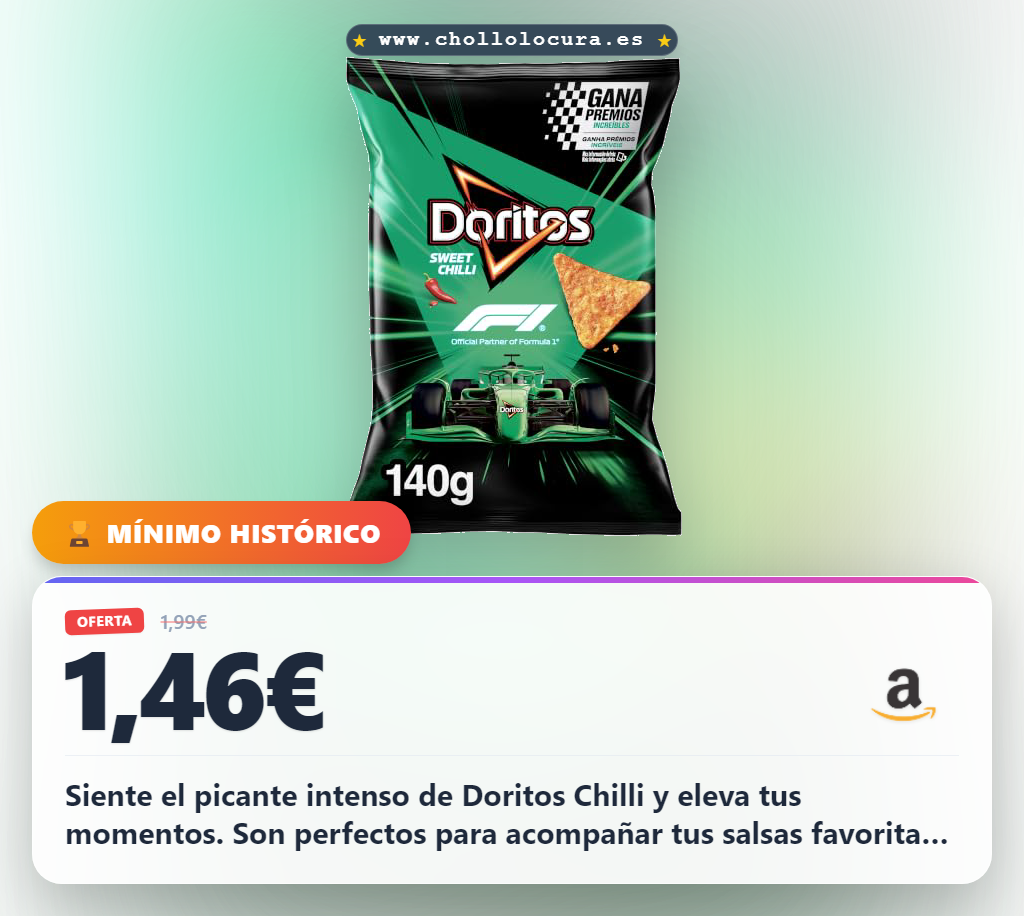 Encuentra los Doritos Chilli picantes para disfrutar del snack crujiente con tus salsas favoritas en oferta histórica