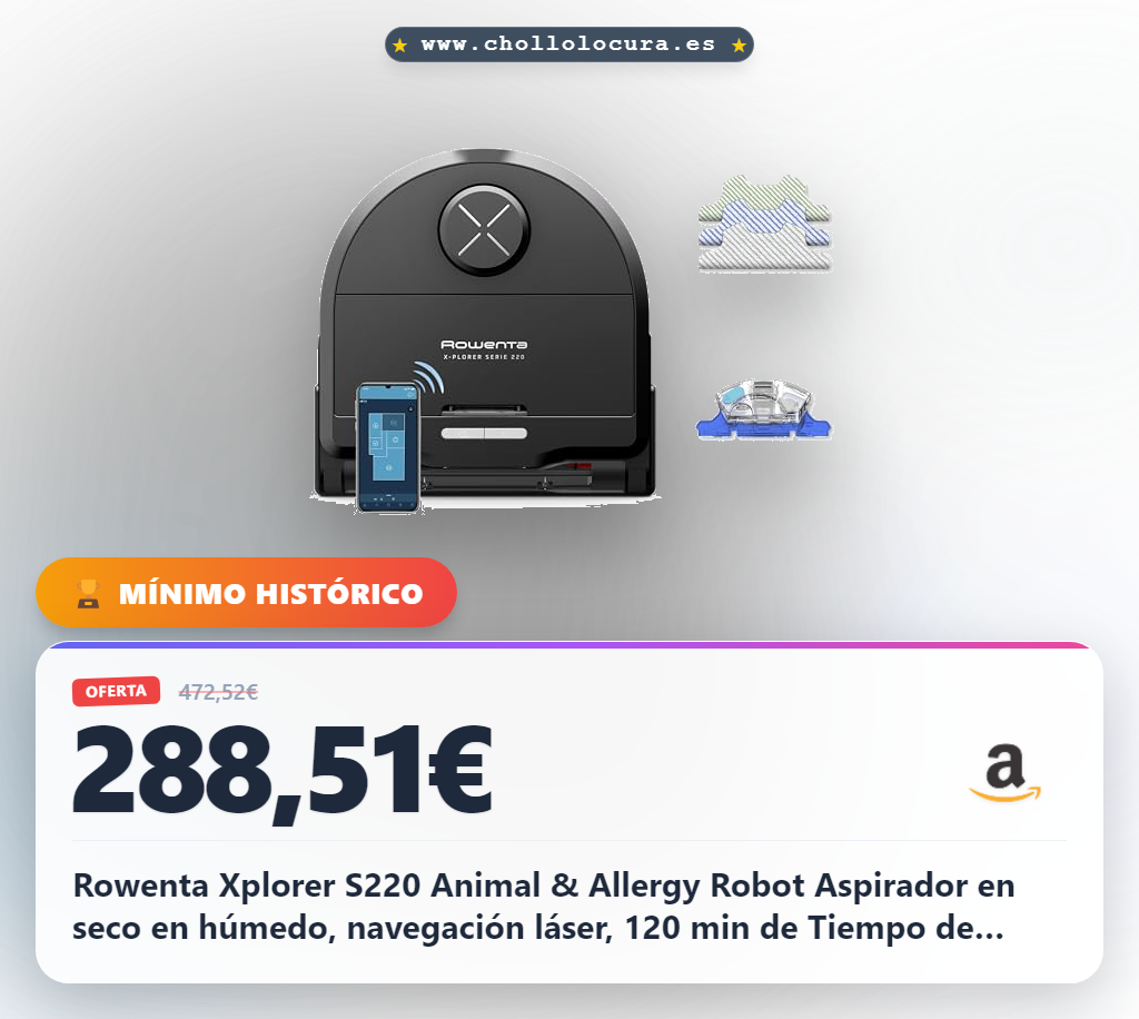 Rowenta Xplorer S220 Animal & Allergy Robot Aspirador en seco en húmedo, navegación láser, 120 min de Tiempo de Funcionamiento, Control de Aplicaciones, fregona vibratoria, Negro/Metal, RR9475WH
