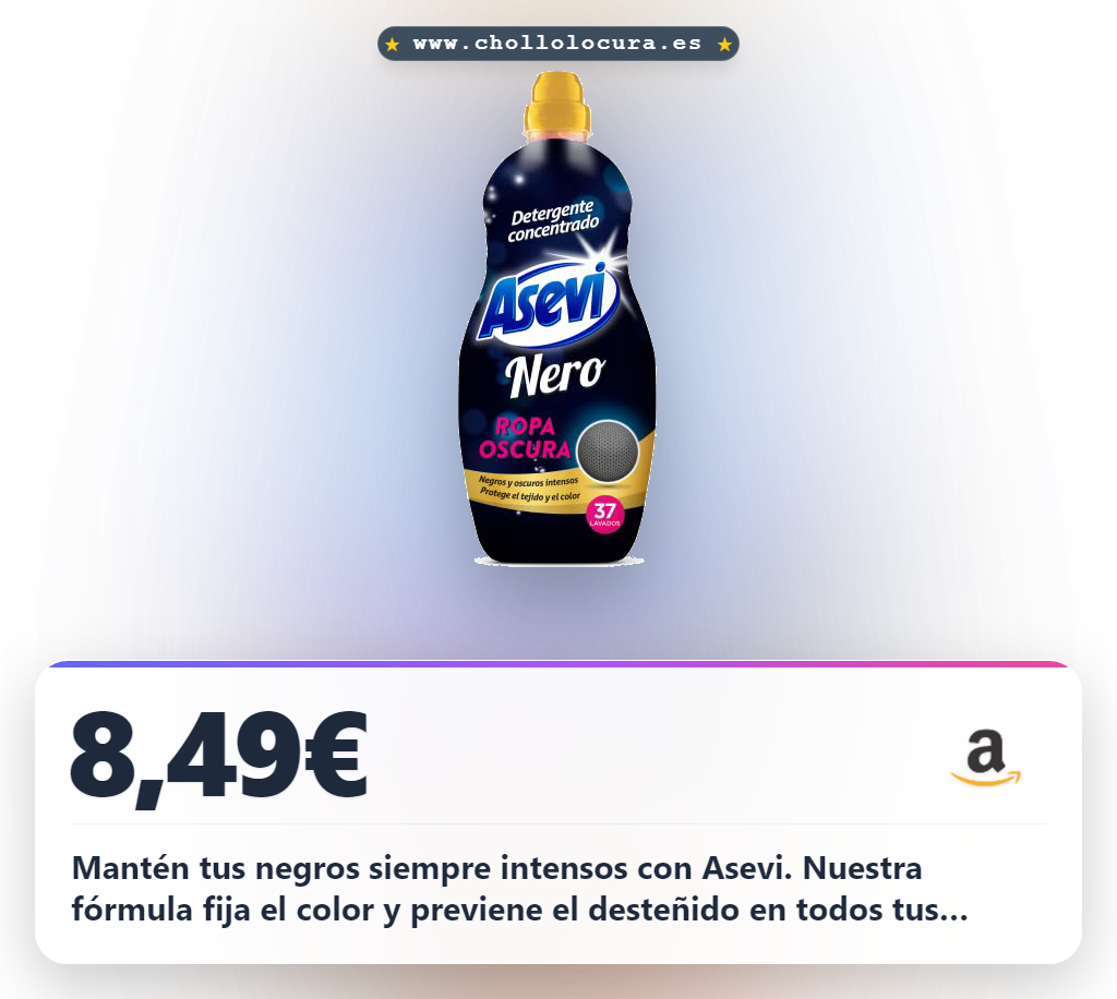 Logra fijar el negro y colores oscuros con Asevi Detergente Líquido Concentrado. 37 Lavados a precio de chollo.