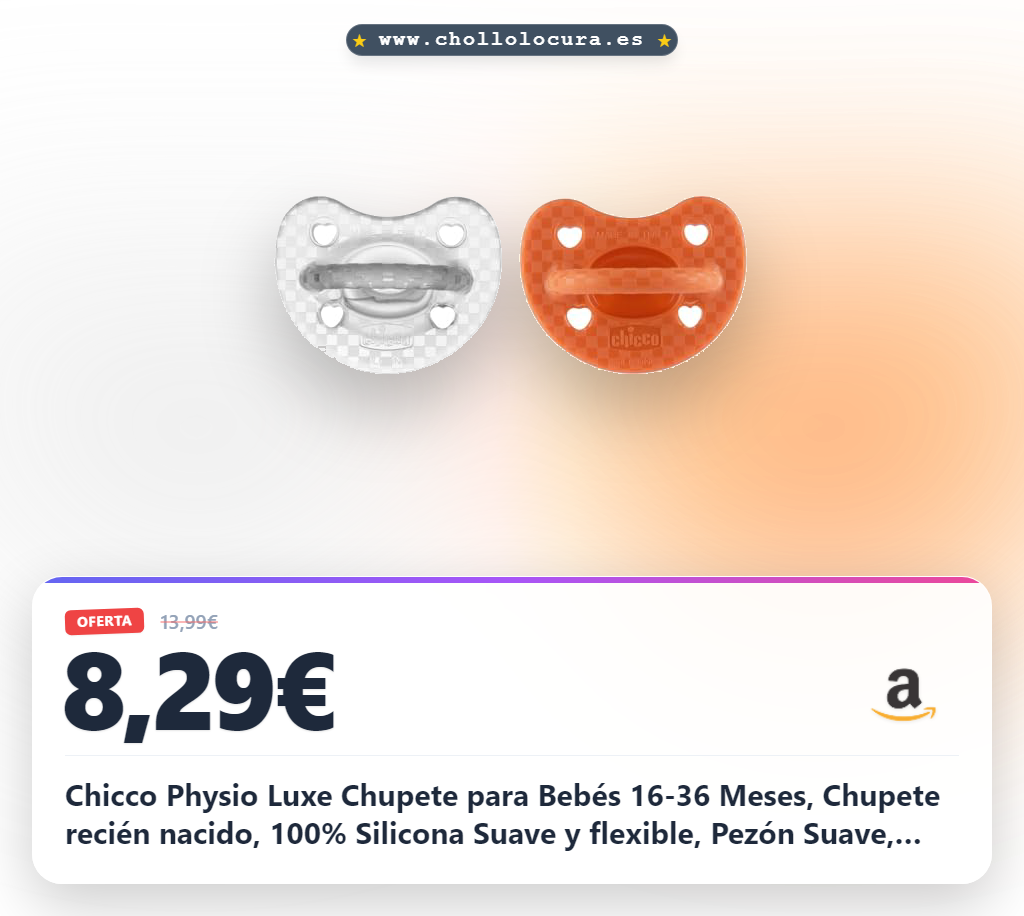 Chicco Physio Luxe Chupete para Bebés 16-36 Meses, Chupete recién nacido, 100% Silicona Suave y flexible, Pezón Suave, Apoya Respiración Fisiológica y Desarrollo Boca, Naranja y Transparente, 2 Ud