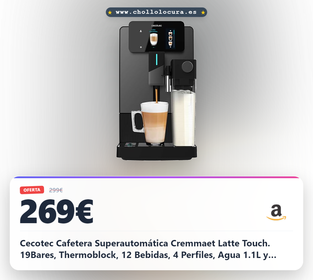 Cecotec Cafetera Superautomática Cremmaet Latte Touch. 19Bares, Thermoblock, 12 Bebidas, 4 Perfiles, Agua 1.1L y 400ml Leche, Pantalla TFT, Molinillo Cónico, Limpieza Automática, Altura Regulable
