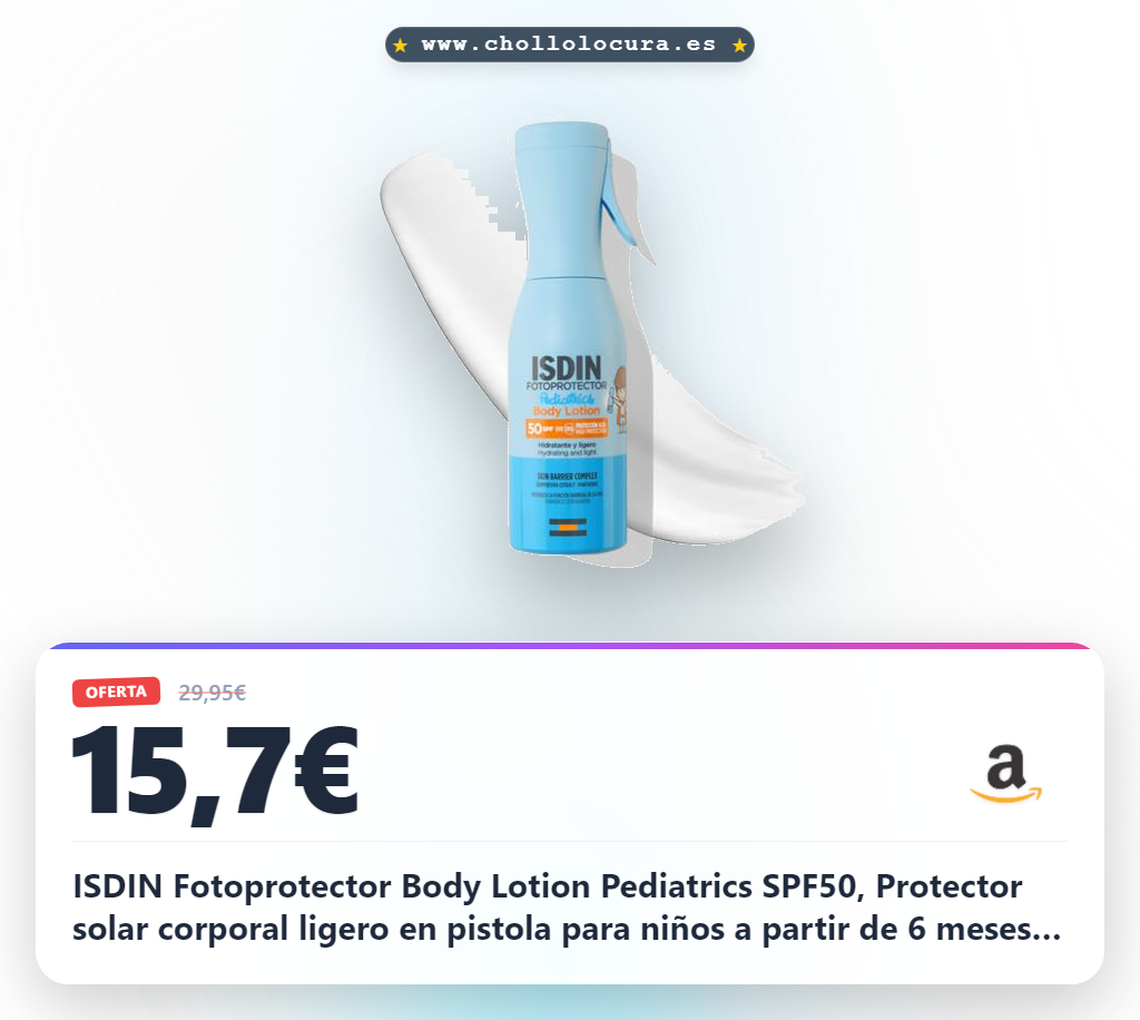 ISDIN Fotoprotector Body Lotion Pediatrics SPF50, Protector solar corporal ligero en pistola para niños a partir de 6 meses, Crema solar que hidrata intensamente la piel, 250ml