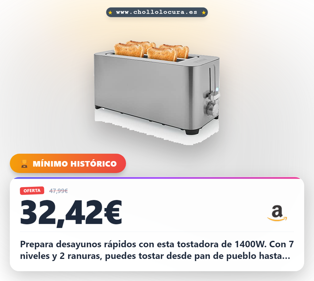 Obtén la tostadora de acero inoxidable con 7 niveles y funciones de recalentar para desayunos rápidos.