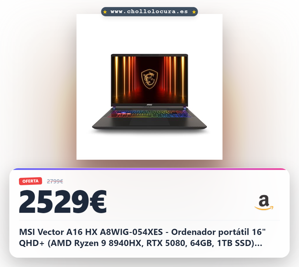 MSI Vector A16 HX A8WIG-054XES - Ordenador portátil 16" QHD+ (AMD Ryzen 9 8940HX, RTX 5080, 64GB, 1TB SSD) Cosmos Gray, Free Dos