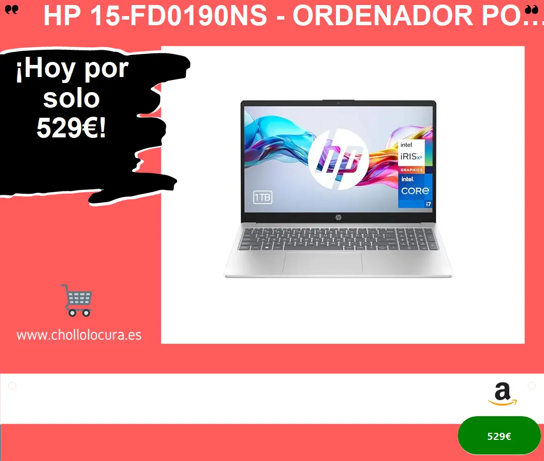 HP 15-fd0190ns - Ordenador portátil de 15.6" FHD (Intel Core i7-1355U, 16GB RAM, 512GB SSD, Intel Iris Xe Graphics, Sin Sistema Operativo) Plata - Teclado QWERTY Español