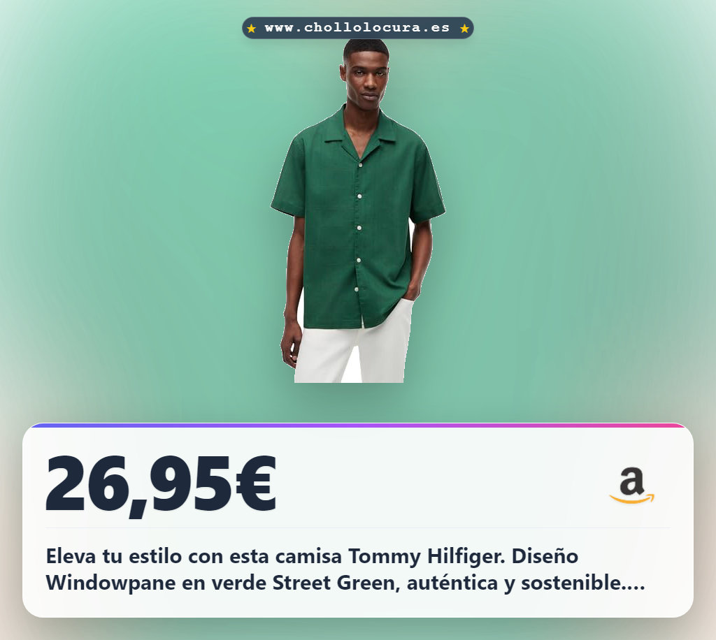 Eleva tu estilo con esta camisa Tommy Hilfiger. Diseño Windowpane en verde Street Green, auténtica y sostenible. Vístete con calidad y conciencia.