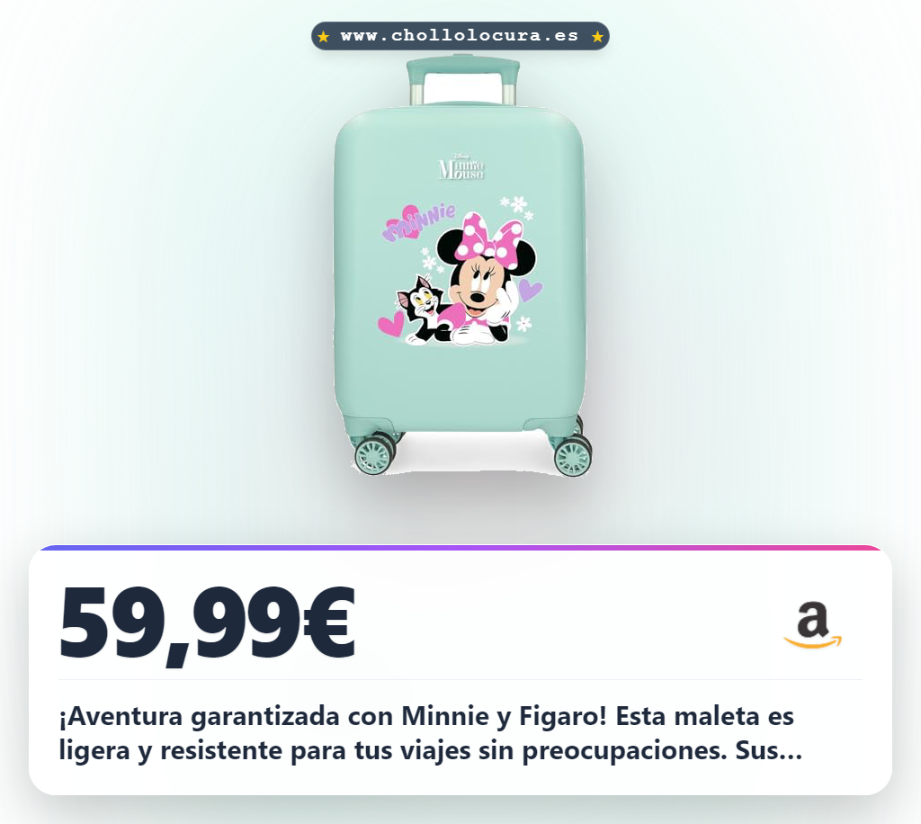 ¡Aventura garantizada con Minnie y Figaro! Esta maleta es ligera y resistente para tus viajes sin preocupaciones. Sus cuatro ruedas facilitan el movimiento y el cierre lateral asegura tu equipaje. Un diseño práctico con compartimentos para todo lo que necesites.