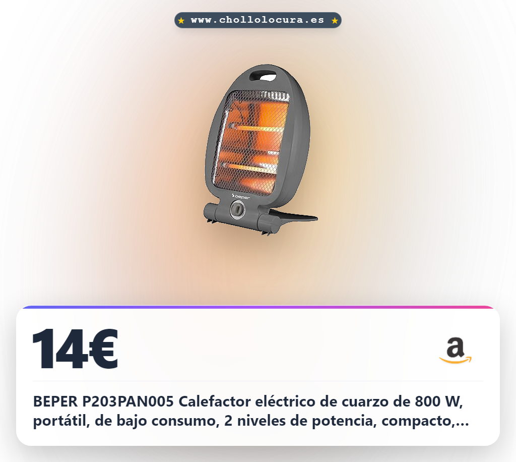 BEPER P203PAN005 Calefactor eléctrico de cuarzo de 800 W, portátil, de bajo consumo, 2 niveles de potencia, compacto, apagado automático de seguridad