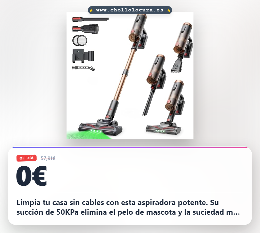 Aprovecha esta aspiradora sin cable potente de 500W con succión 50KPa y luz verde para una limpieza total