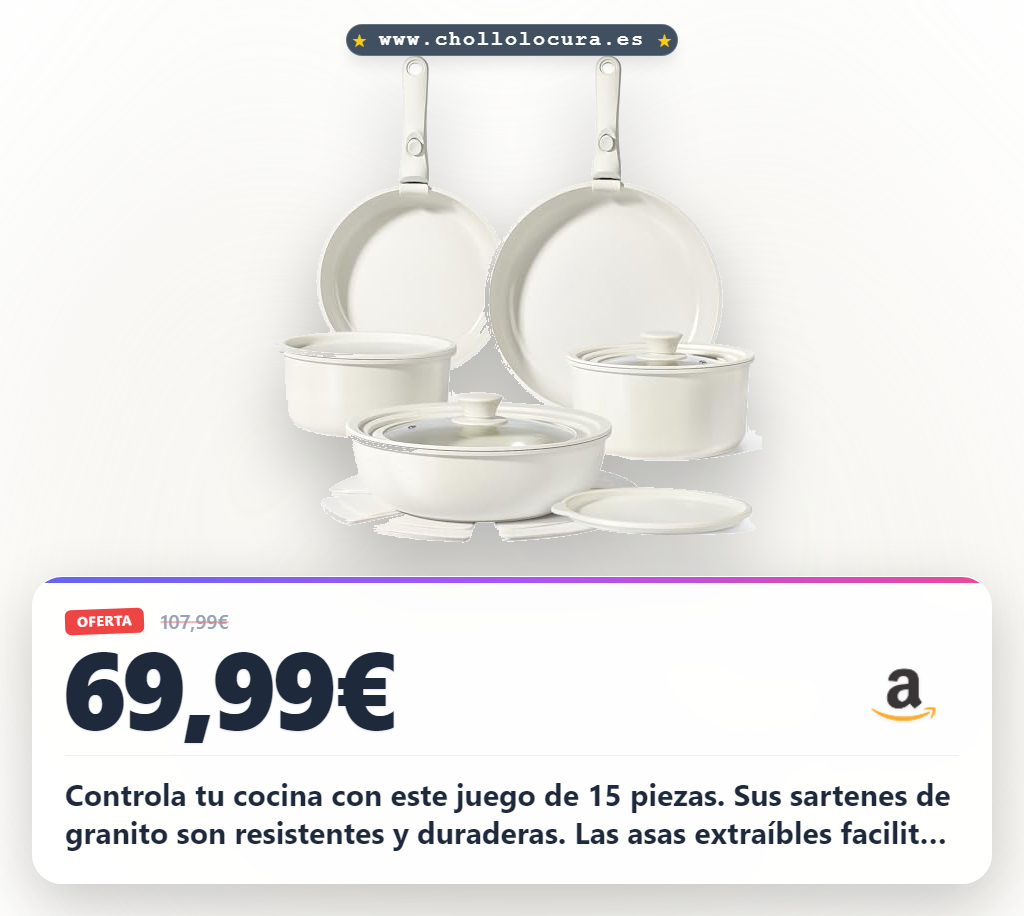 Controla tu cocina con este juego de 15 piezas. Sus sartenes de granito son resistentes y duraderas. Las asas extraíbles facilitan el transporte y el almacenamiento. Disfruta de un cocinado saludable con un revestimiento antiadherente de alta calidad.