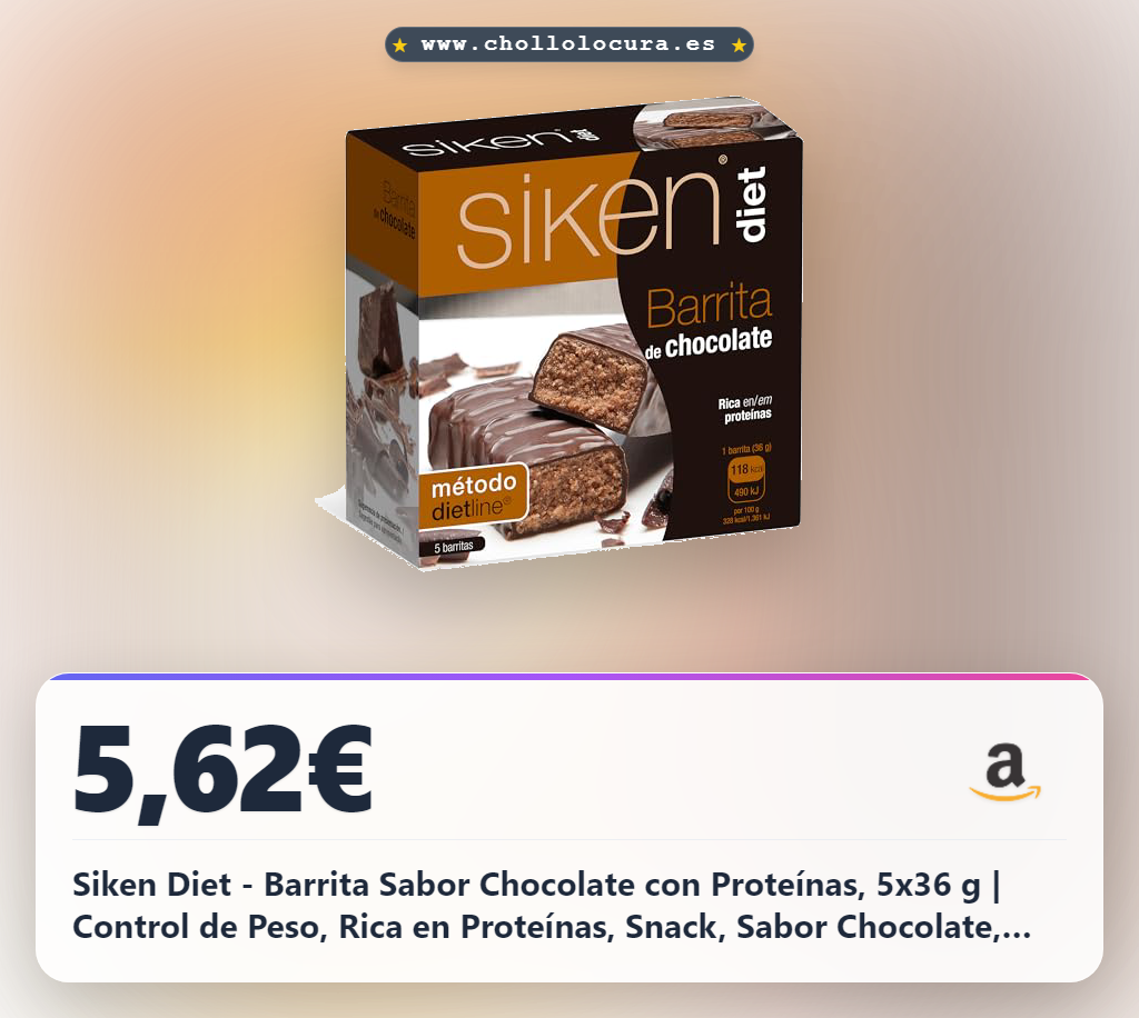 Siken Diet - Barrita Sabor Chocolate con Proteínas, 5x36 g | Control de Peso, Rica en Proteínas, Snack, Sabor Chocolate, Formato Individual, Fácil de Llevar, 5 Barritas, 180 g