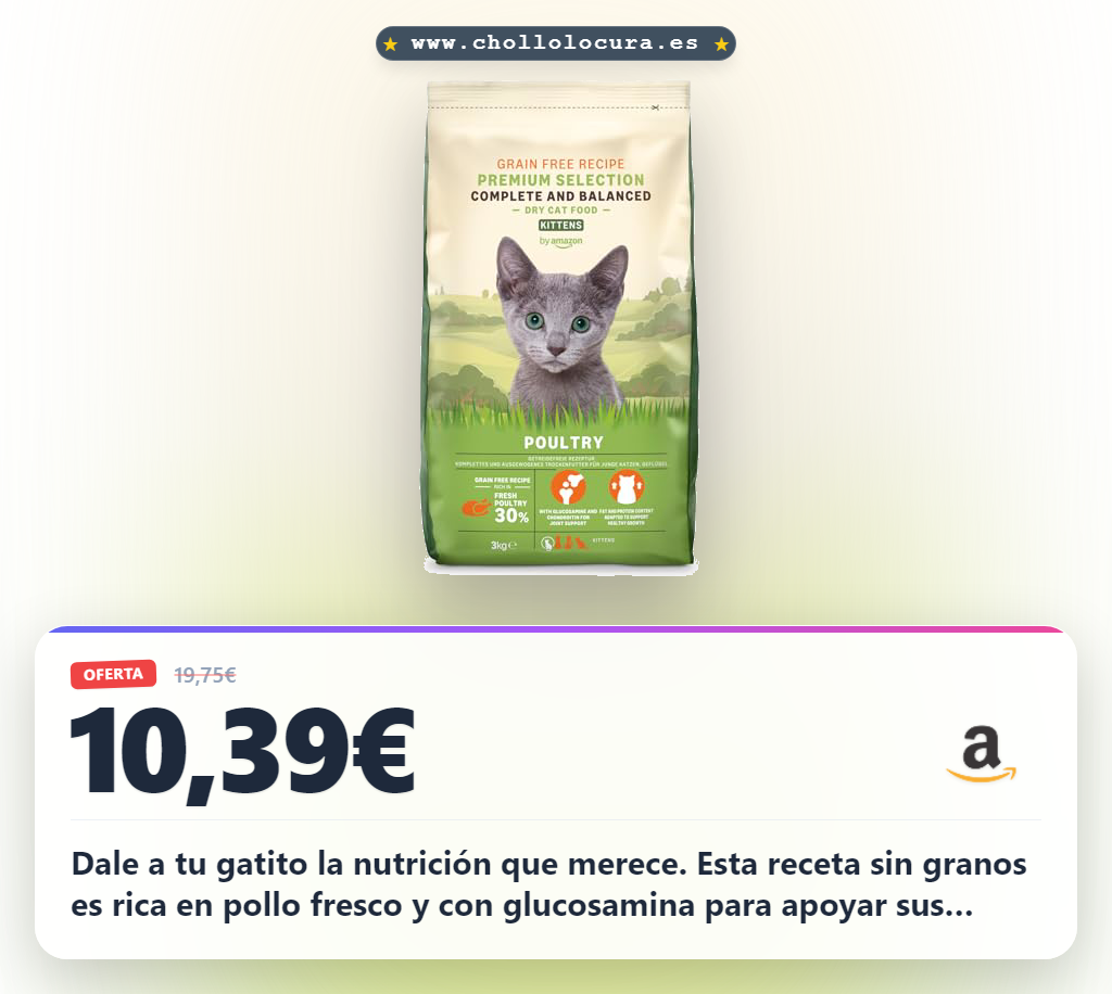 Consigue comida completa para gatos sin granos. Pollo fresco y glucosamina. 3 kg para tu gatito.