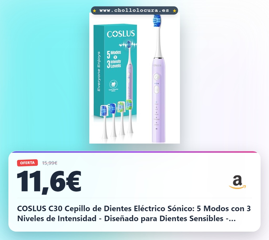 COSLUS C30 Cepillo de Dientes Eléctrico Sónico: 5 Modos con 3 Niveles de Intensidad - Diseñado para Dientes Sensibles - Adecuado para uso Doméstico o de Viaje - Dos Tipos de Cabezales de Cepillo
