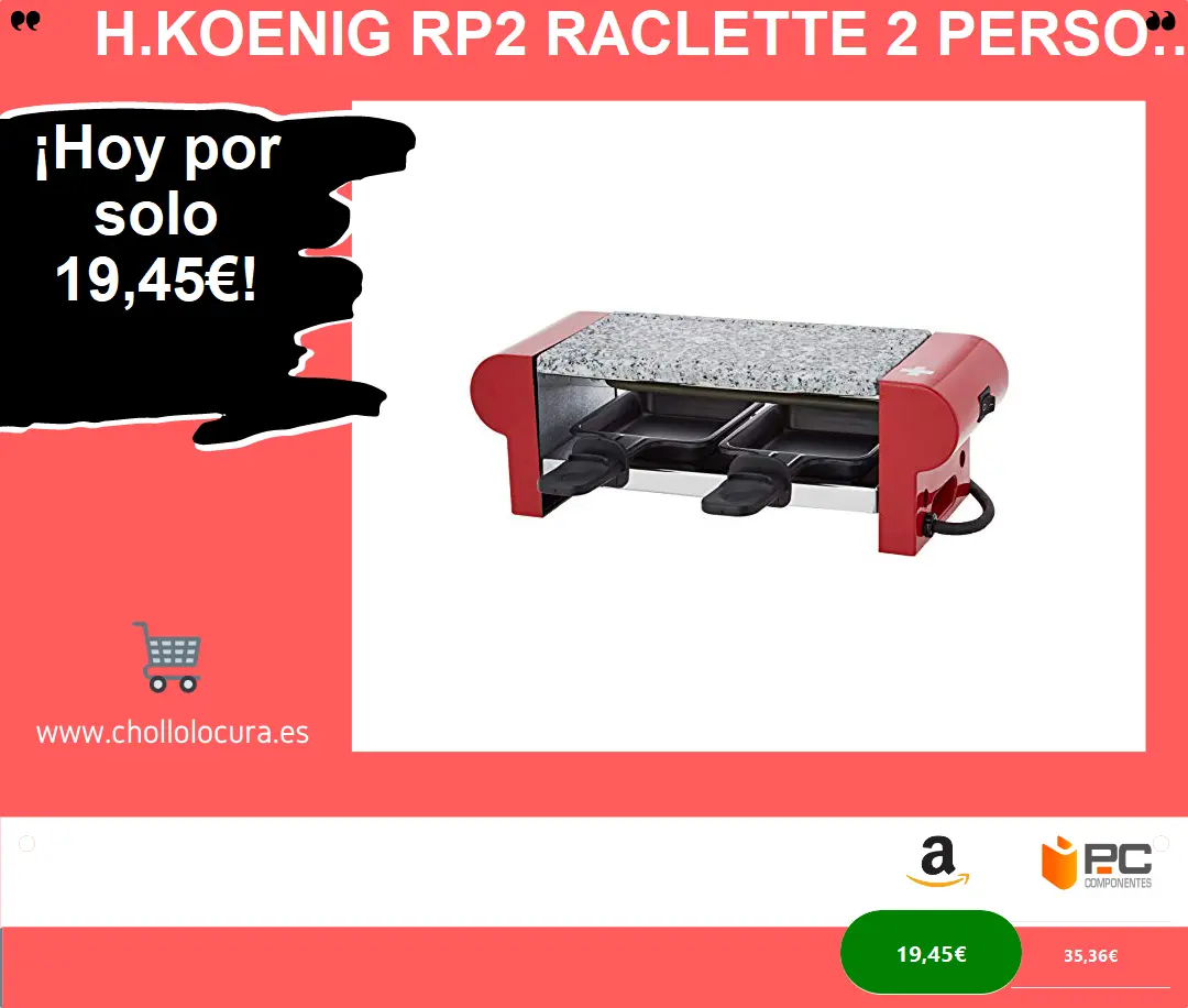 H.Koenig RP2 Raclette 2 Personas, Plancha De Piedra Natural, 350 W, Acero Inoxidable, Rojo, 2 Sartenes Antiadherentes