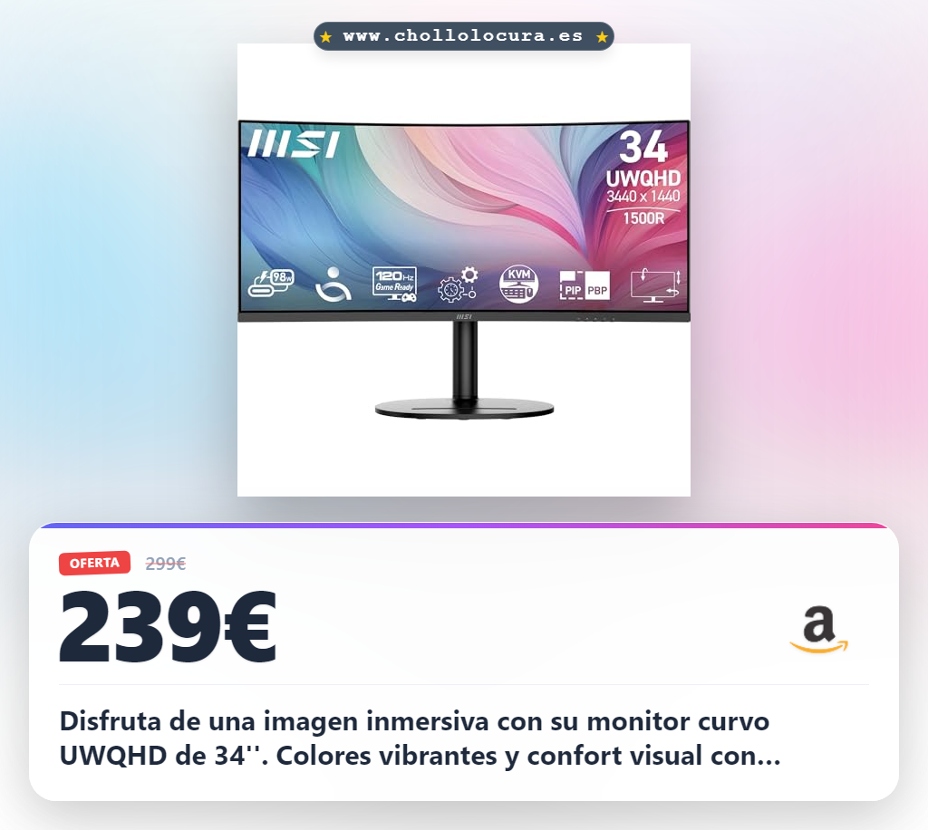 Consigue monitor curvo 34 pulgadas UWQHD 1500R con KVM y altavoces integrados en oferta