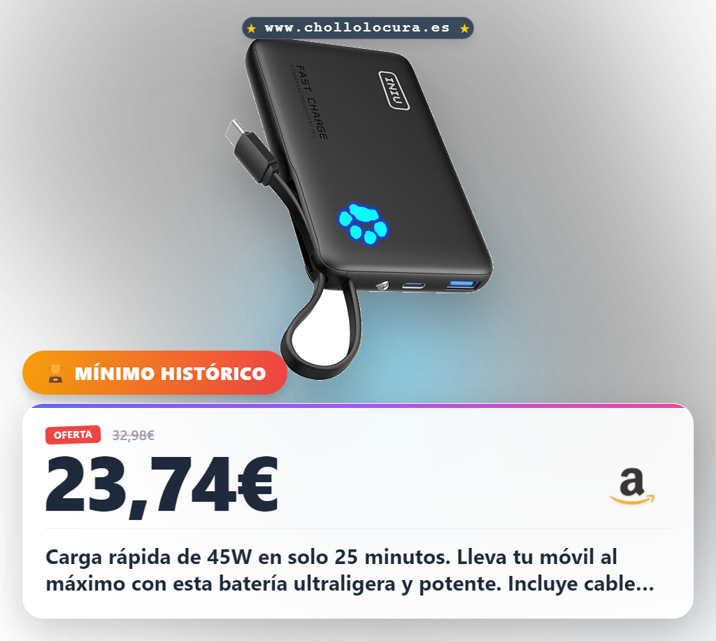 Aprovecha el Power Bank INIU 45W 10000mAh con carga rápida y cable USB-C integrado para iPhone y Samsung