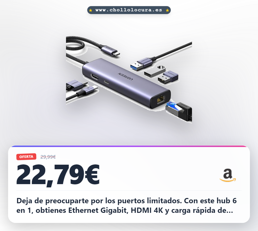 Deja de preocuparte por los puertos limitados. Con este hub 6 en 1, obtienes Ethernet Gigabit, HDMI 4K y carga rápida de 100W. Transfiere archivos ultrarrápidos con USB 3.0 y disfruta de una segunda pantalla sin problemas. Es Plug & Play y te da máxima eficiencia.