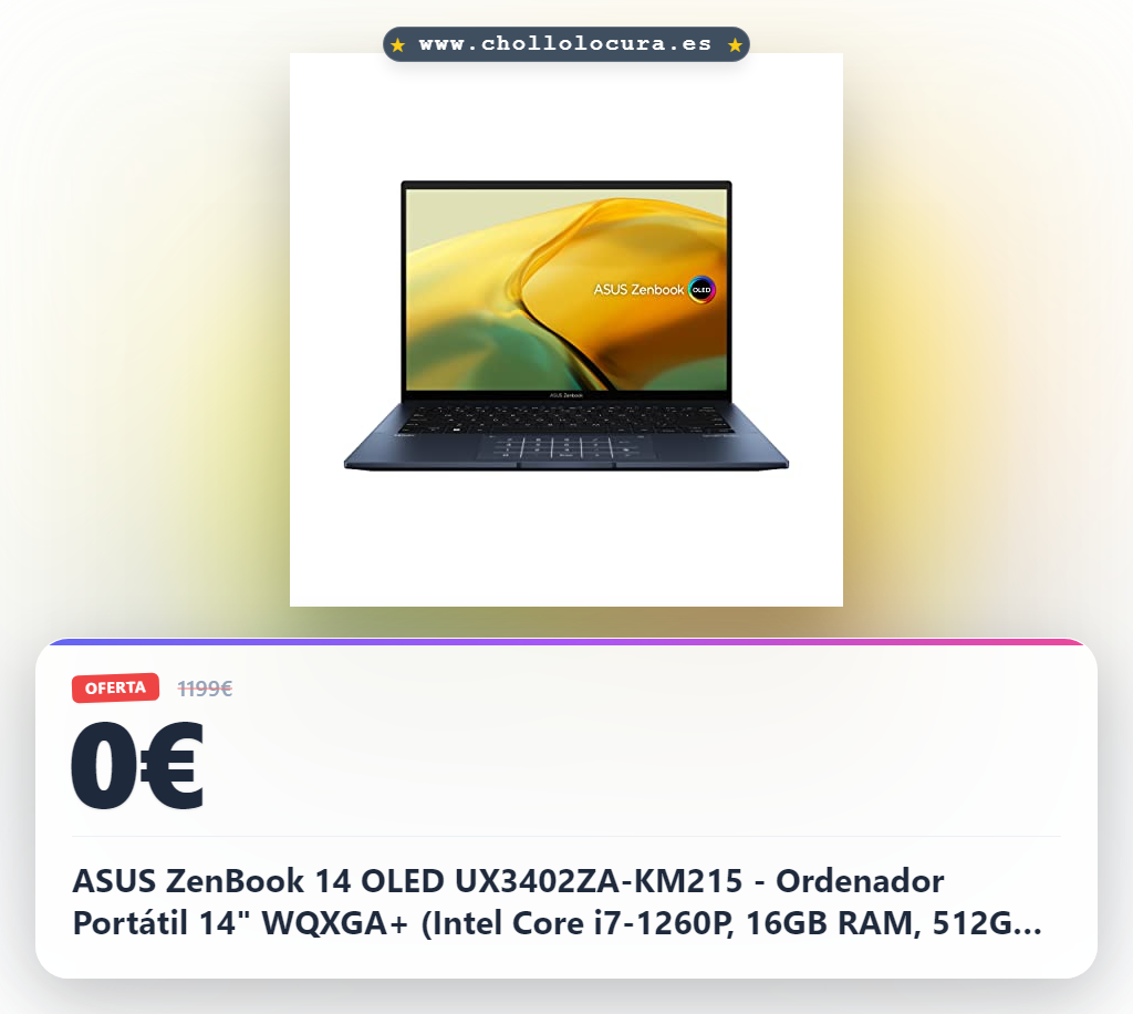ASUS ZenBook 14 OLED UX3402ZA-KM215 - Ordenador Portátil 14" WQXGA+ (Intel Core i7-1260P, 16GB RAM, 512GB SSD, Iris Xe Graphics, Sin Sistema Operativo) Color Azul - Teclado QWERTY español