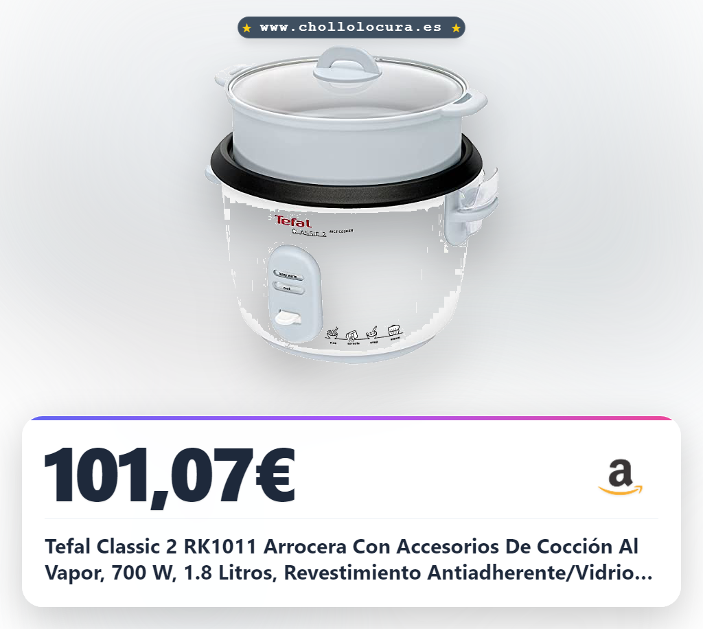 Tefal Classic 2 RK1011 Arrocera Con Accesorios De Cocción Al Vapor, 700 W, 1.8 Litros, Revestimiento Antiadherente/Vidrio, Blanco