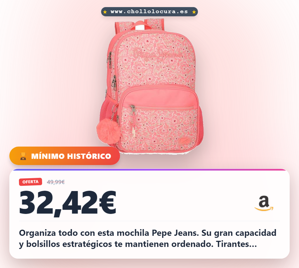 Aprovecha la mochila escolar Pepe Jeans Nahid rosa de 30x40cm con gran capacidad y diseño ergonómico al mejor precio del año.