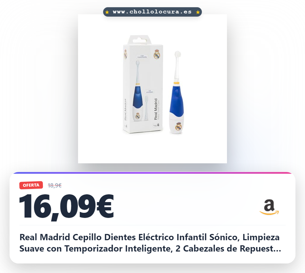 Real Madrid Cepillo Dientes Eléctrico Infantil Sónico, Limpieza Suave con Temporizador Inteligente, 2 Cabezales de Repuesto Incluidos, Funciona a Pilas, Sin Cables, +4 Meses | RM Toothbrush