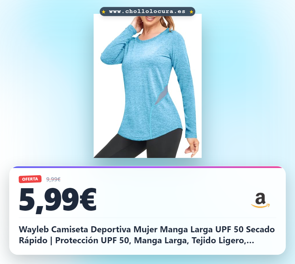 Obtén esta camiseta deportiva mujer manga larga UPF 50 con secado rápido para yoga y fitness al mejor precio