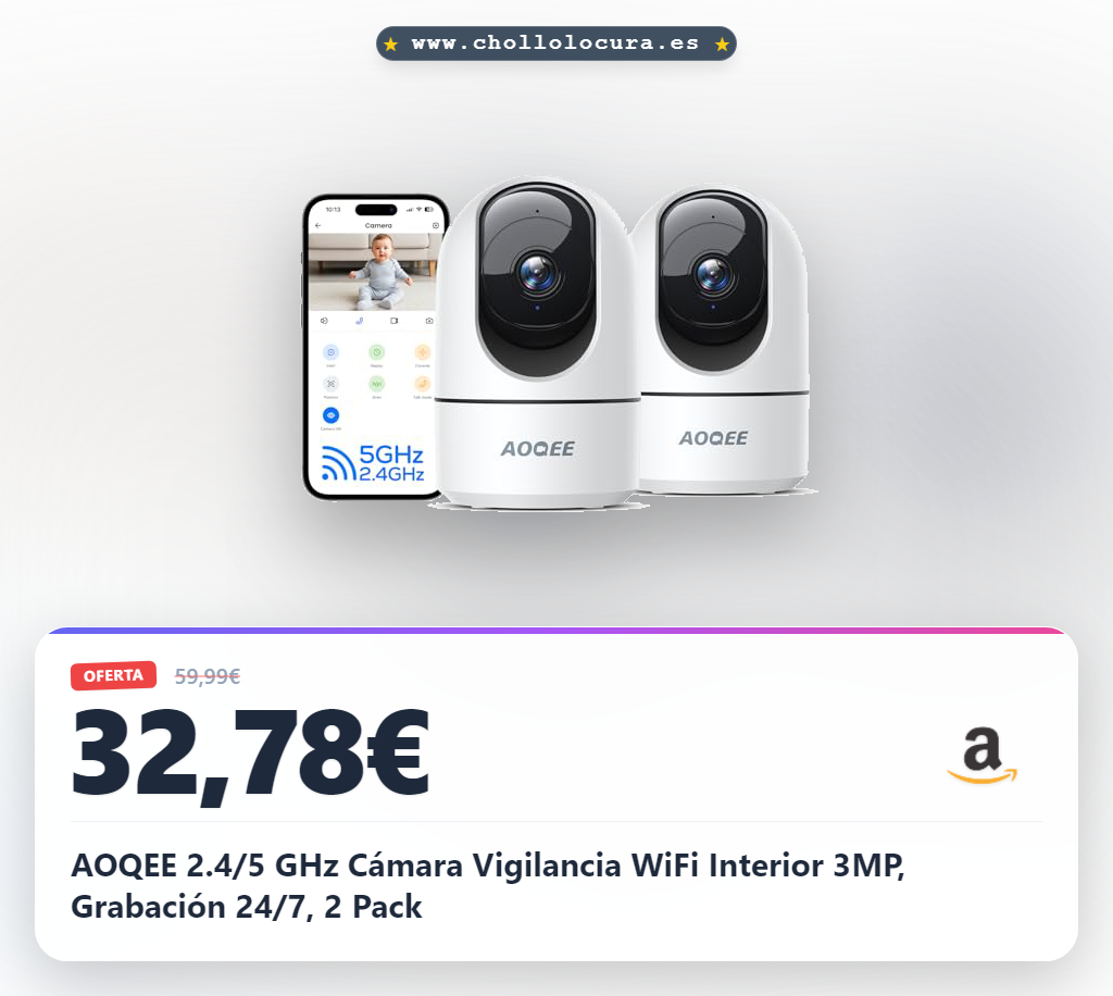 AOQEE 2.4/5 GHz Cámara Vigilancia WiFi Interior 3MP, Grabación 24/7, 2 Pack